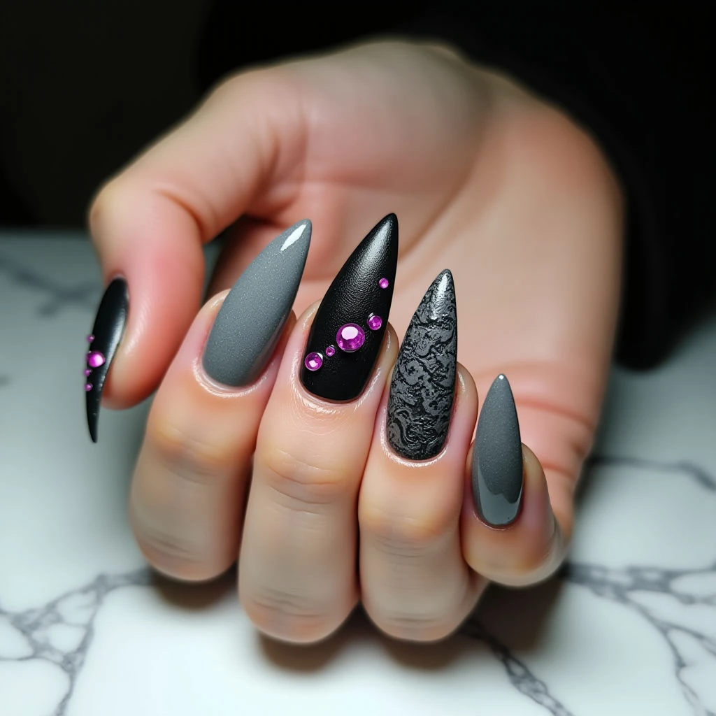 Dark Gray Leather Texture Nails with Neon Pop