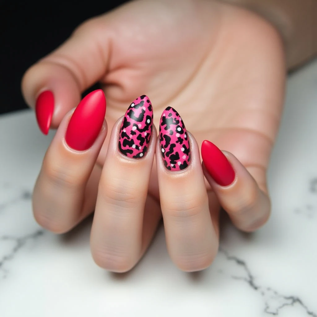Short Red Abstract Animal Print Nails for Winter