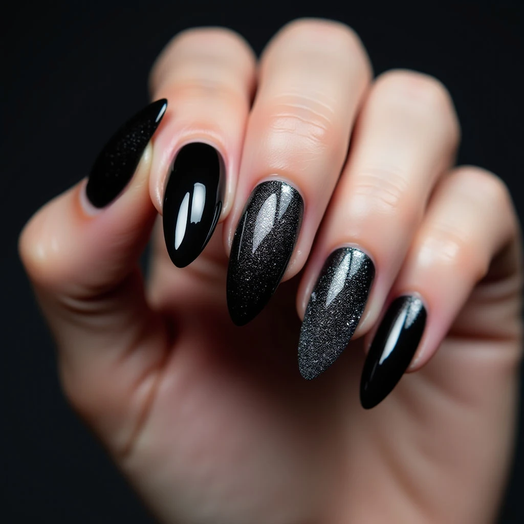 Black Chrome Stiletto Nails with Gold Shoes - The Perfect Match!