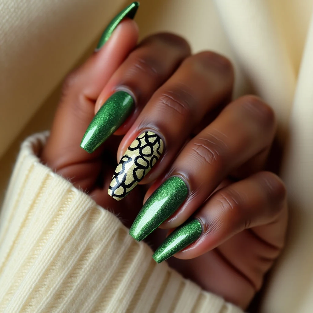 Green Animal Print Neutral Nails for Brown Skin