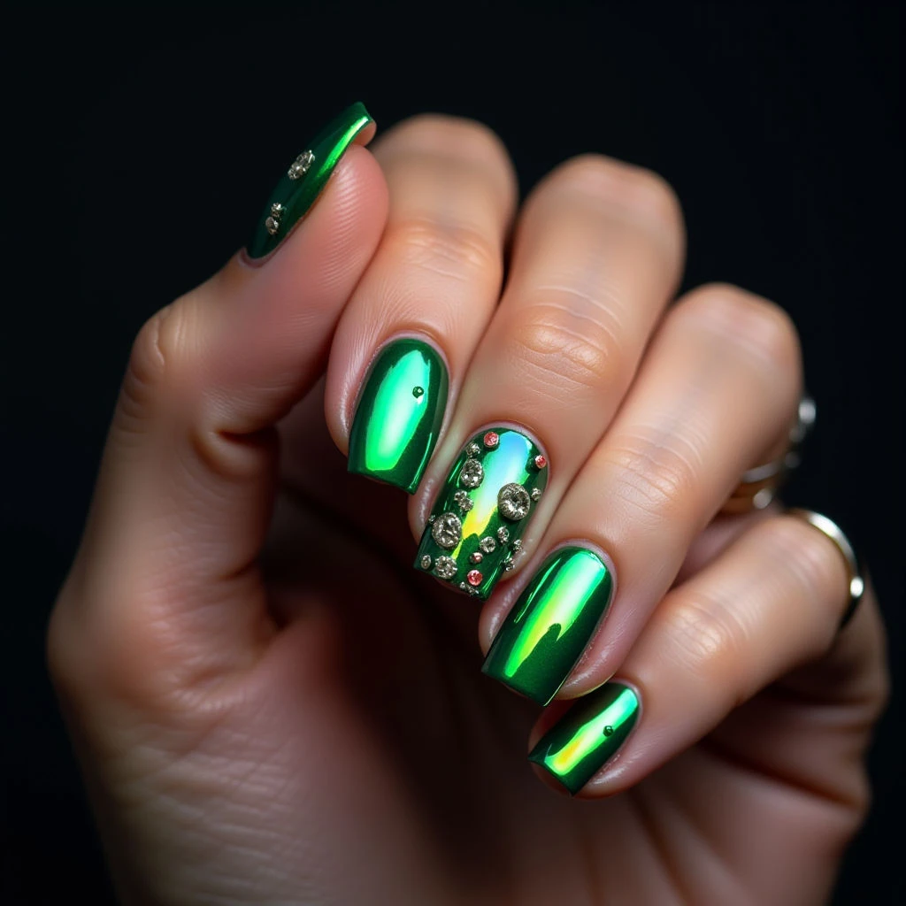 Cool Skin Tones Shine: Green Chrome Square Nails for Fall