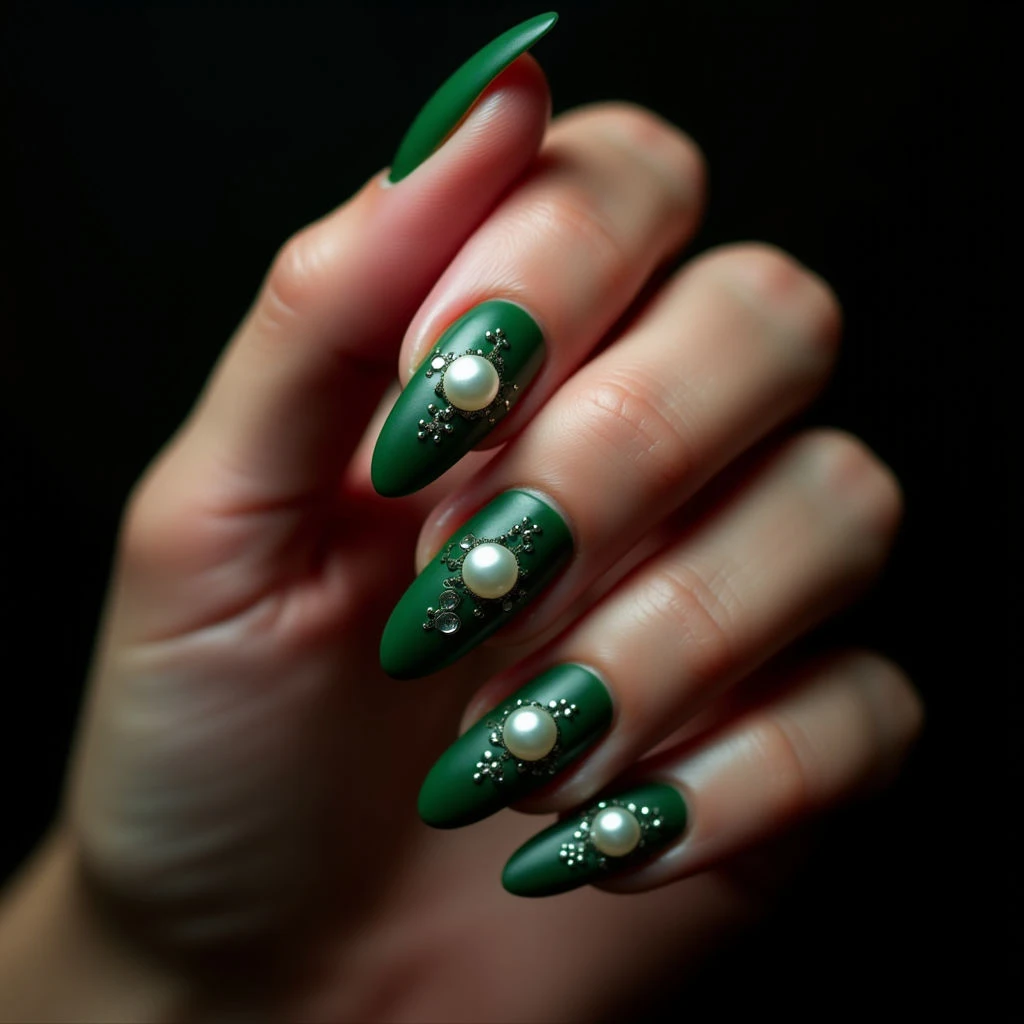 Velvet Green Oval Nails: A Retro Winter Aesthetic