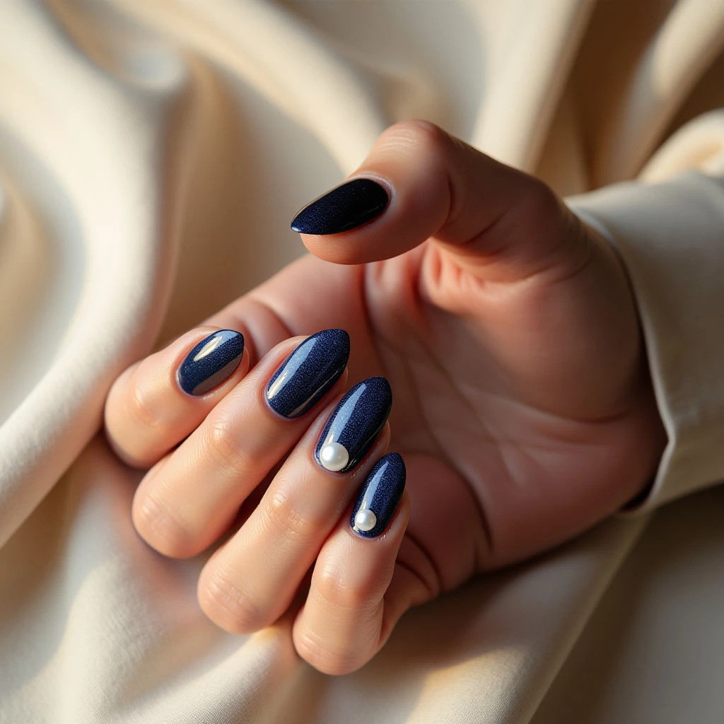 Navy Blue Gothic Almond Nail Extensions for Medium Skin Tones