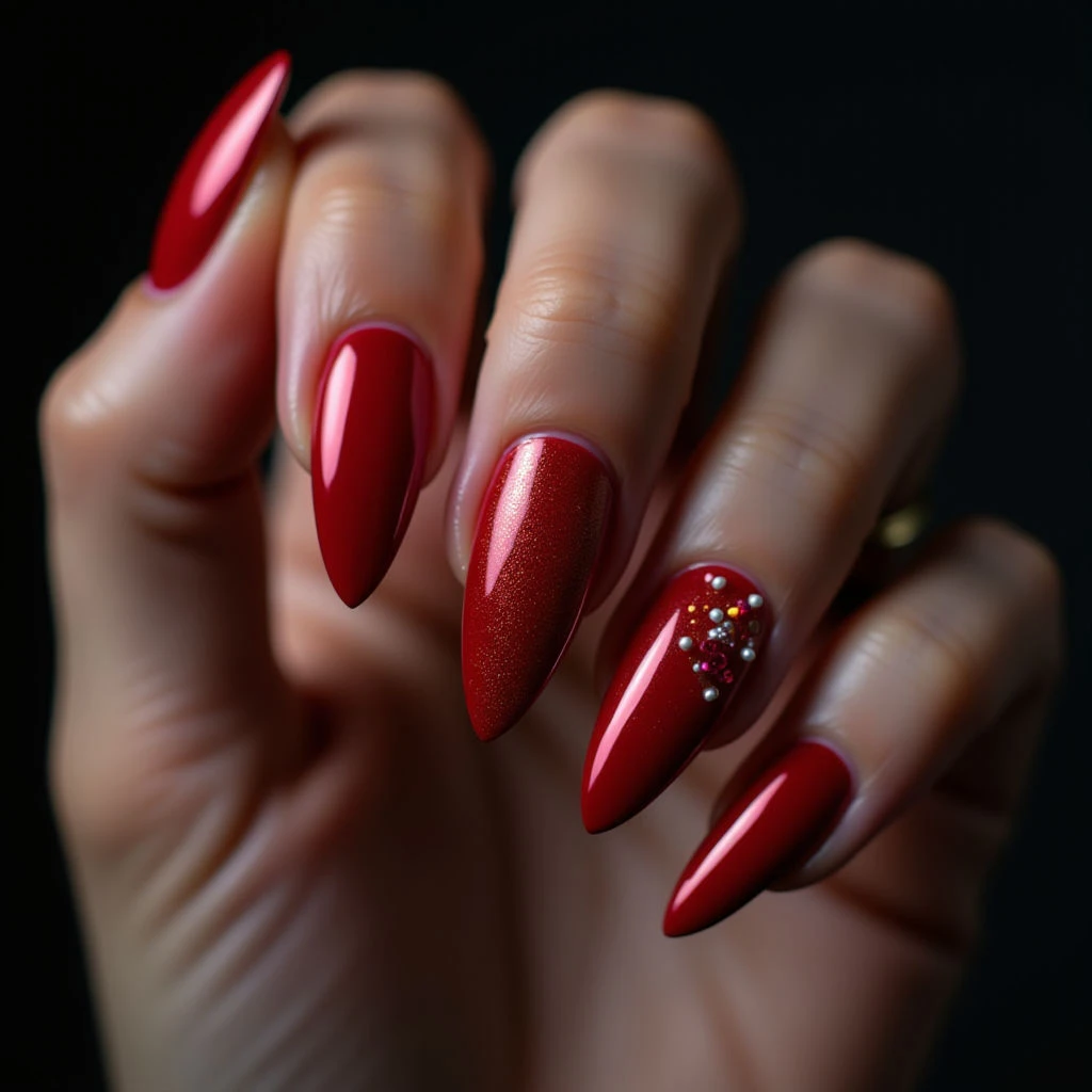 Chrome Red Stiletto Nails for Olive Skin | Winter Aesthetic