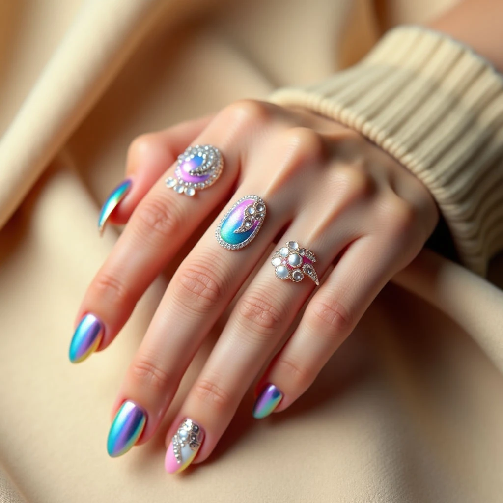 Rainbow Chrome Winter Nails: A Short, Elegant Design