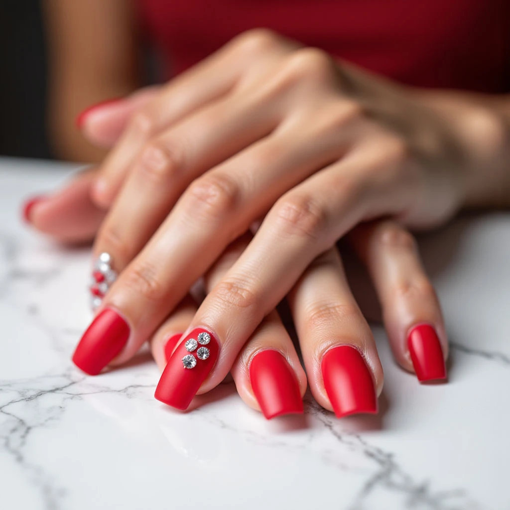 Short Red Square Nails with Gold Sandals: 3D Crystal Summer Vibes!