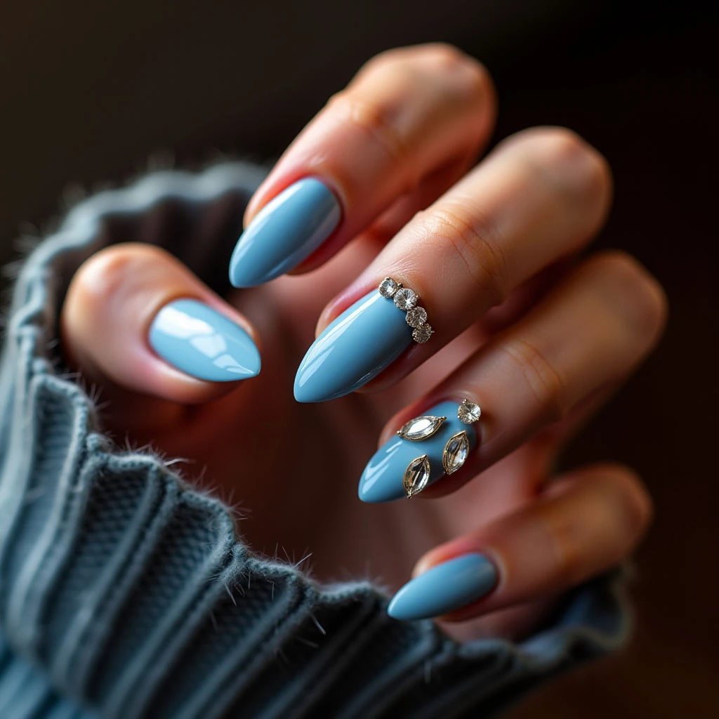 Sky Blue Crystal Accents: Boho Nail Design for Tan Skin