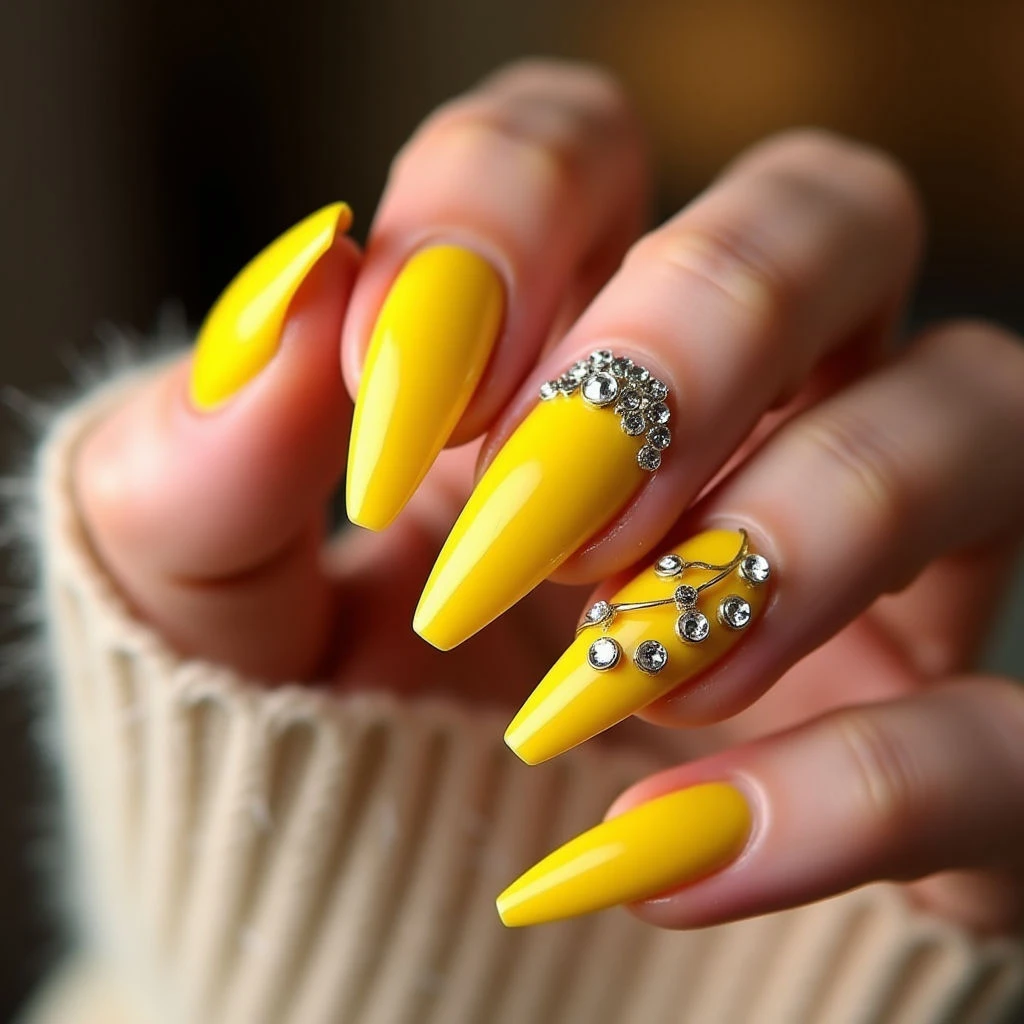 Golden Hour Glow: Yellow Stiletto Nails for a Tan Skin Tone