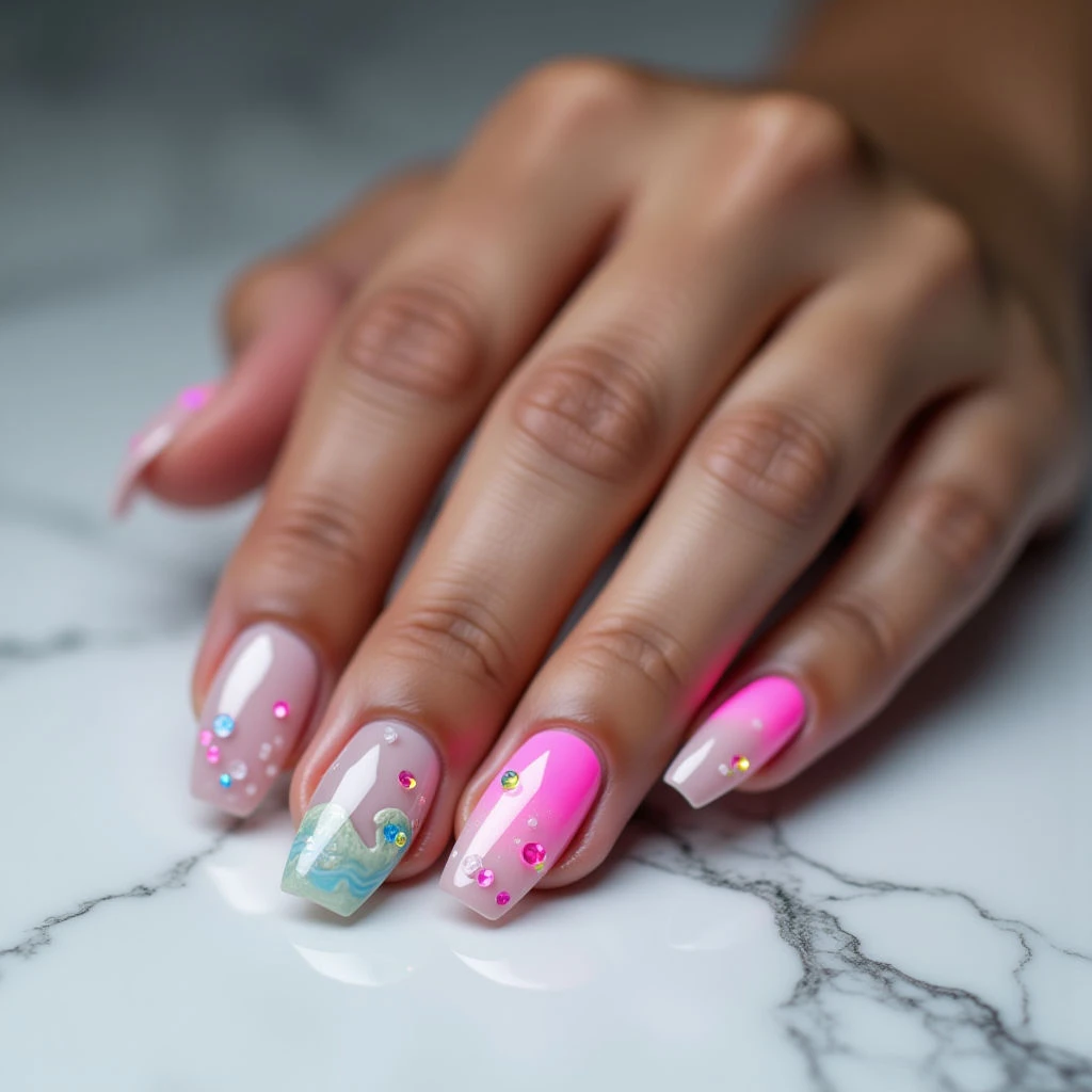 White Chrome Ocean Wave Nails for Medium Skin Tones