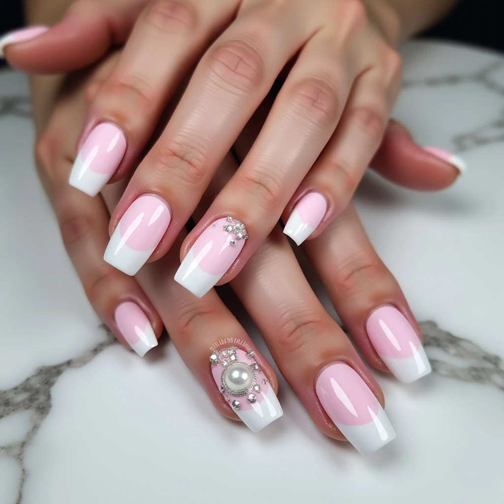 Baby Pink Pearl French Tip Coffin Nails for Winter 2024