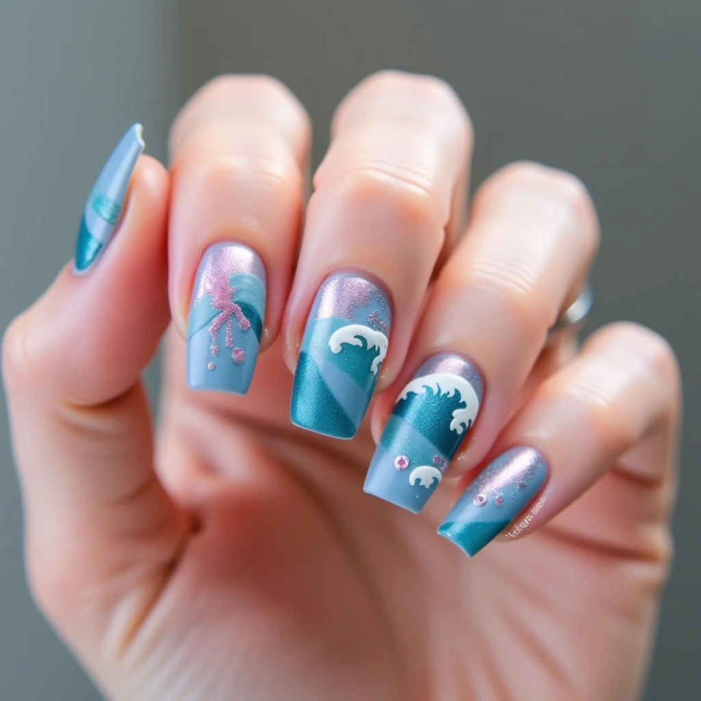 August Nail Colors: Coastal Grandmother Summer Chrome Waves