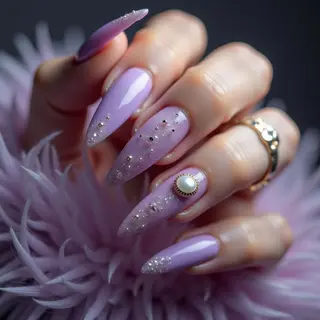 Lavender Stiletto French Tips with Pearl Steampunk Flair ✨