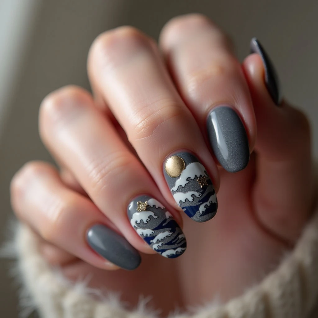 Gray Moon Nails with Foil Waves: Minimal Fall Design