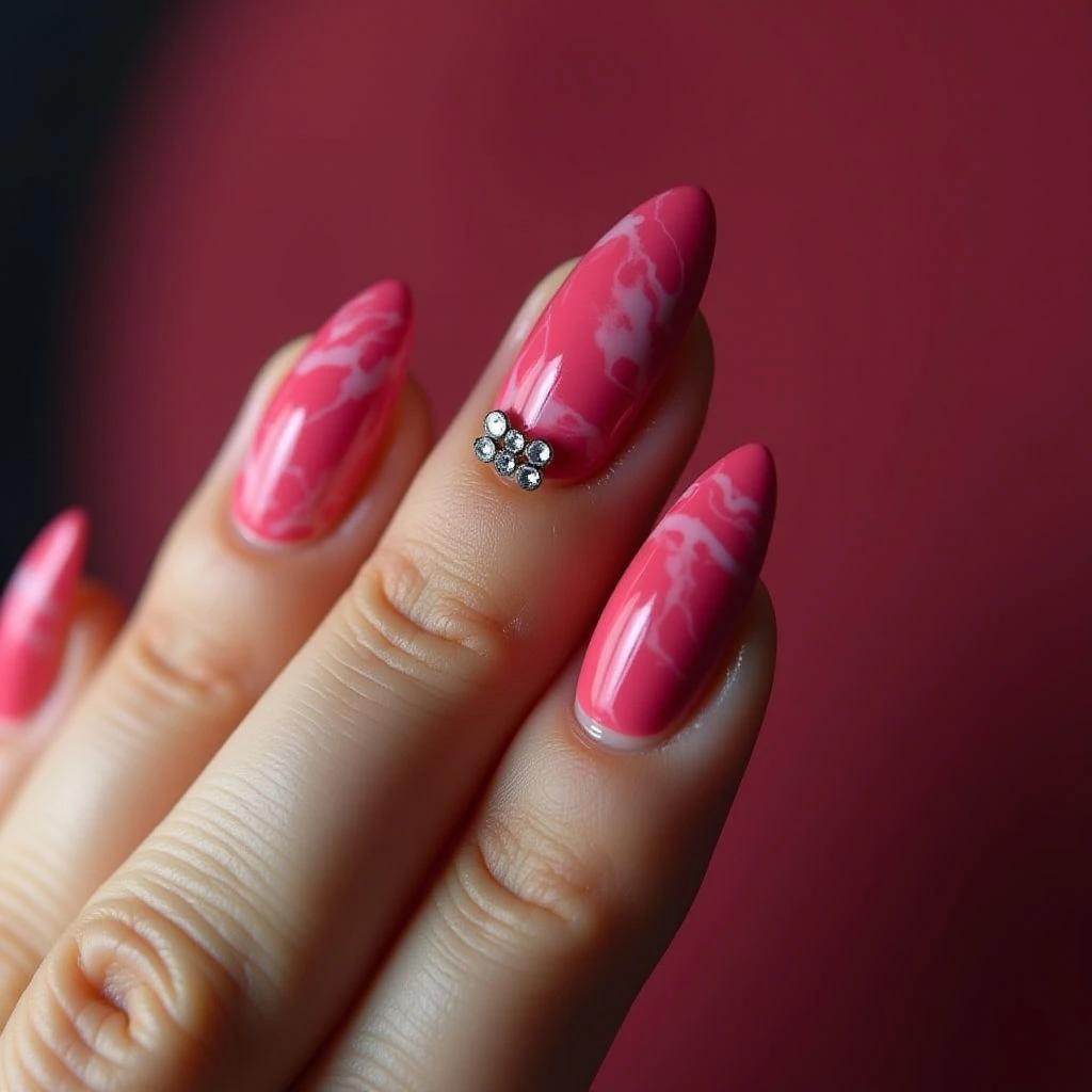 Hot Pink Marble Nails with Rhinestones: Spring 2025 Trend!
