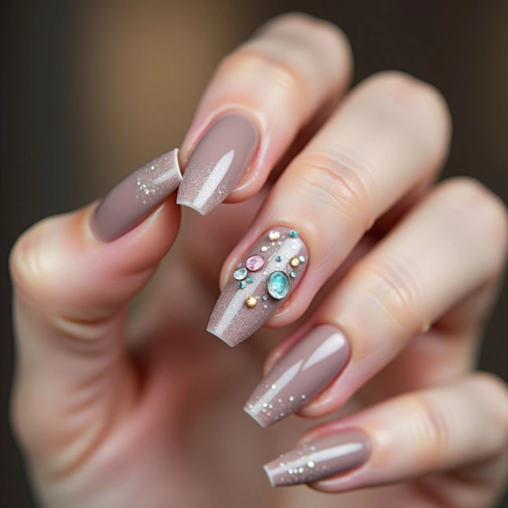 Chic Taupe Lipstick Nails with Shattered Glass Summer Flair!