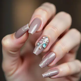 Chic Taupe Lipstick Nails with Shattered Glass Summer Flair!