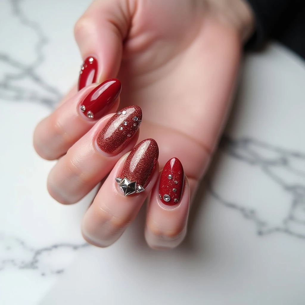 Lady in Red: Short Round Nails with Mermaid Chrome & Glitter