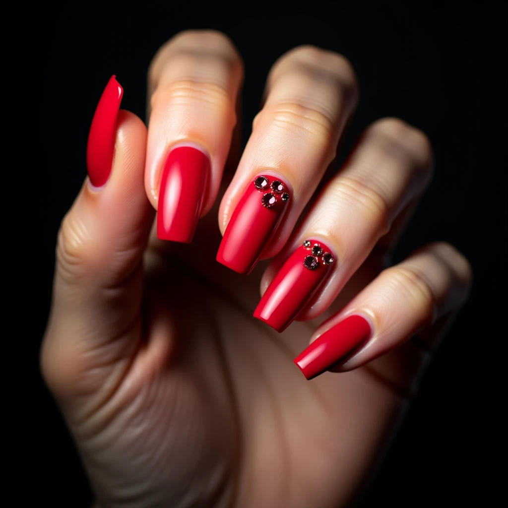 Short Red Coffin Nails with Shimmer Art