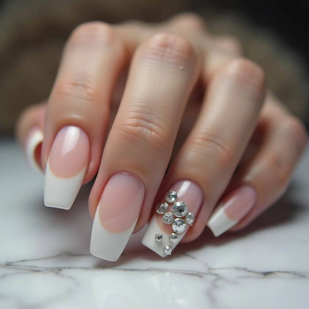 Neutral Ombre Dip Nails with Tips & Crystal Accents ✨