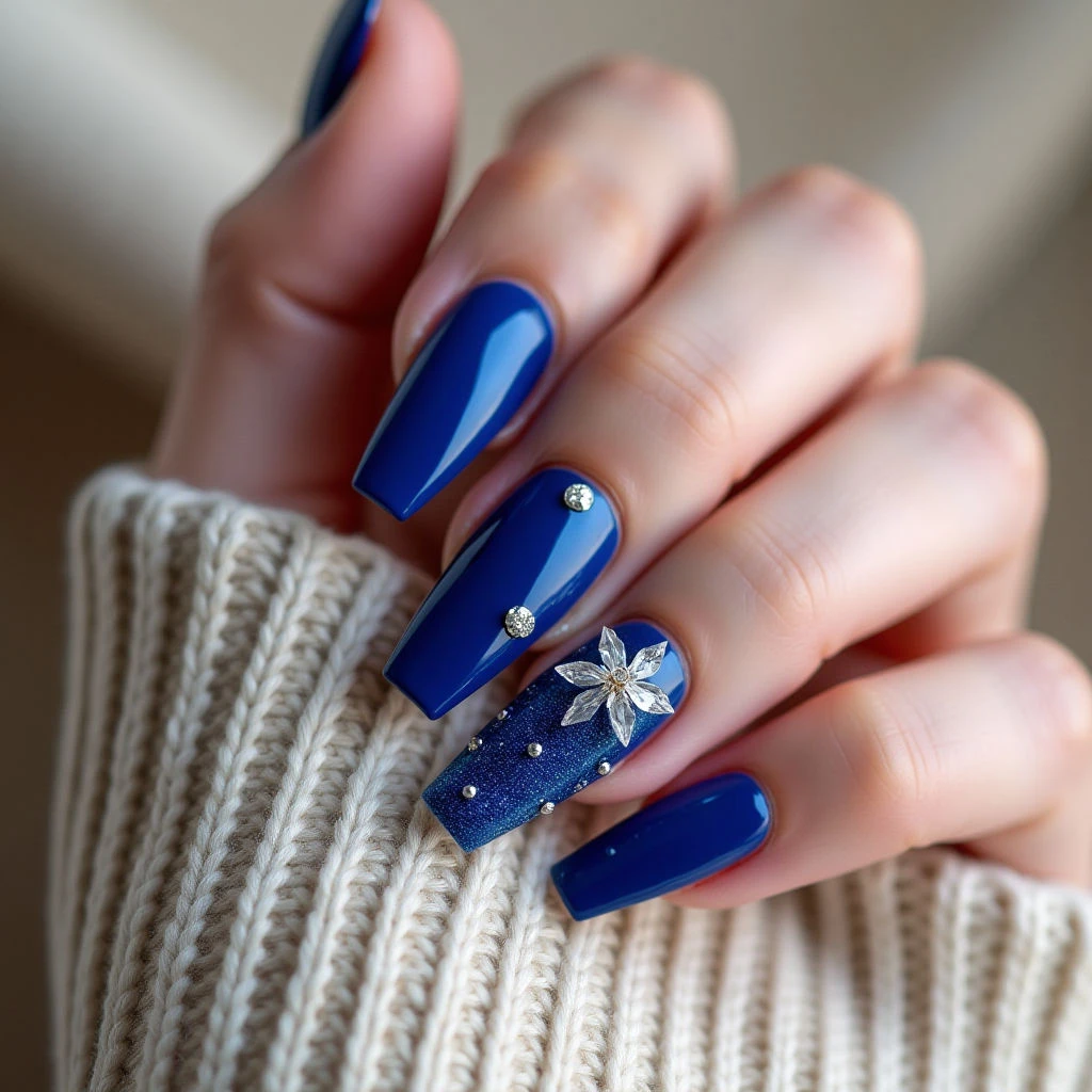 Royal Blue Stiletto Nails: Crystal Winter 3D Design Ideas