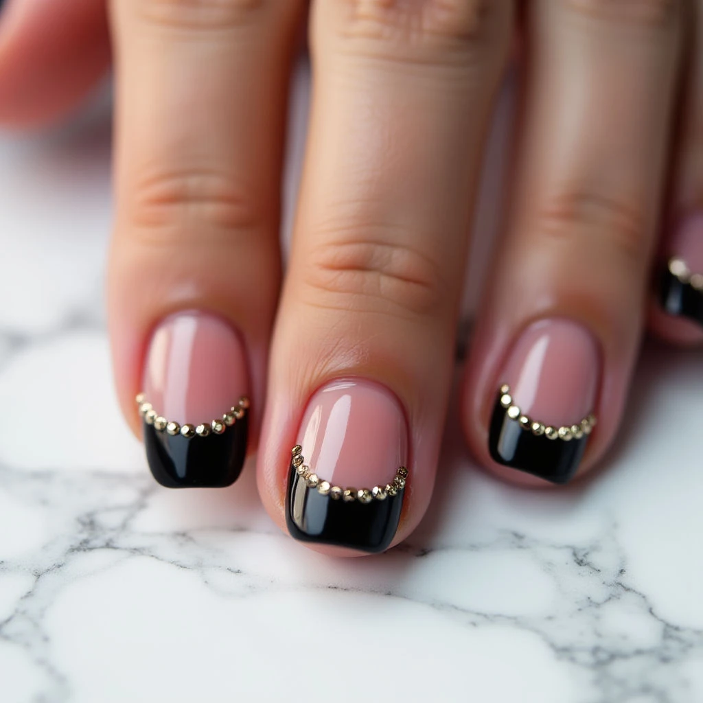 Short Square Black French Tip Nails - Moon Shape Inspiration