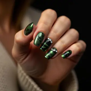 Small Green Chrome French Tip Nails with Crystal Accents