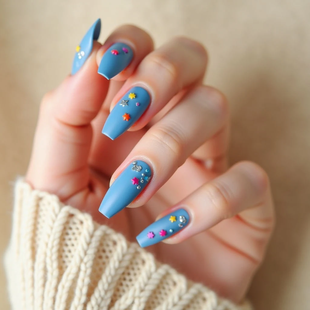 Sky Blue Stiletto Nails with Neon Summer Abstract Art