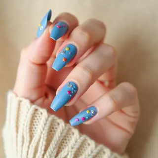 Sky Blue Stiletto Nails with Neon Summer Abstract Art