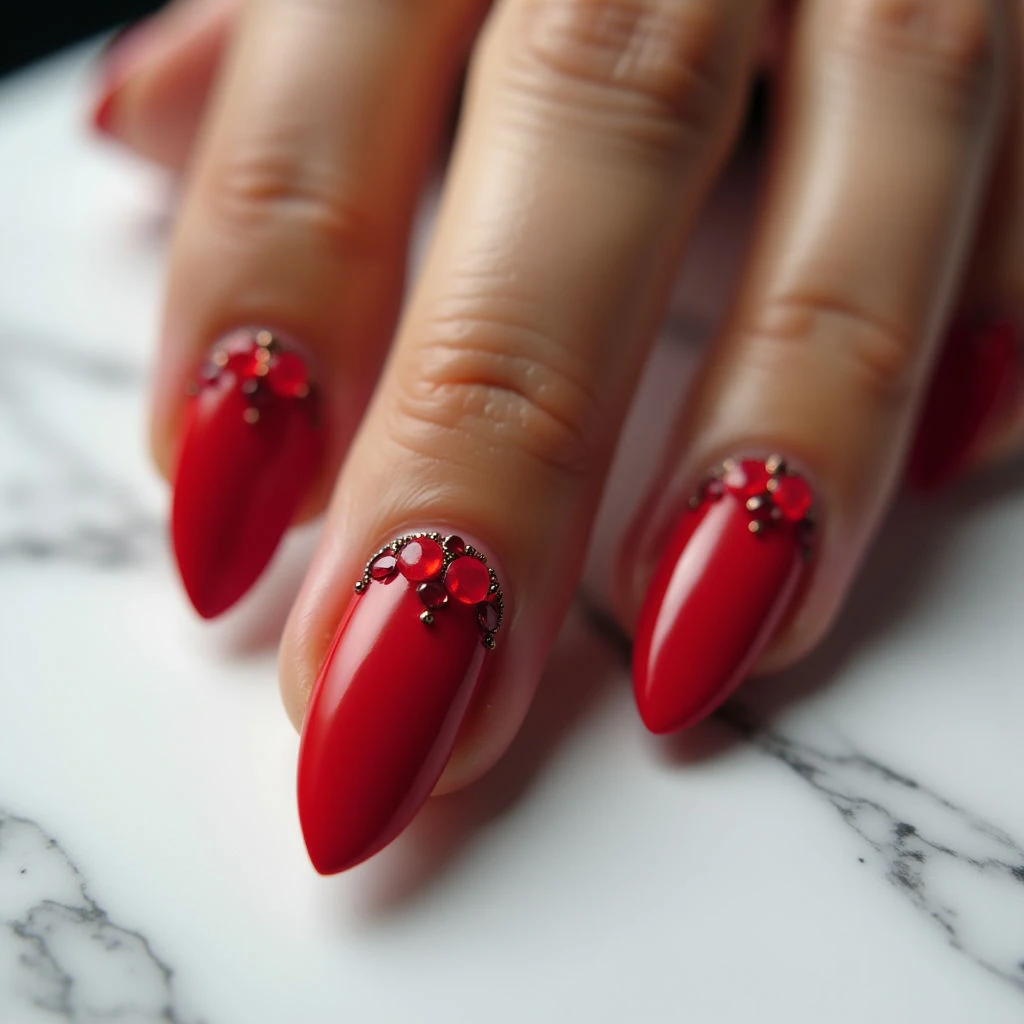 Dusky Skin Bridal Nails: Vintage Red Gothic Almonds